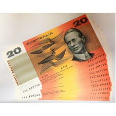 AUSTRALIA 1991 . TWENTY 20 DOLLAR BANKNOTES . FRASER/COLE . CONSECUTIVE TEN